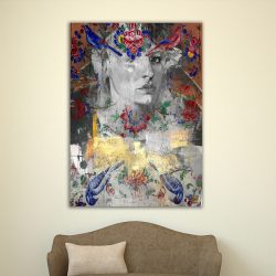 تابلو نقاشی دختر و مرغ ها طرح هنری مدرن و ایرانی گالری چارگوش مدل 2845